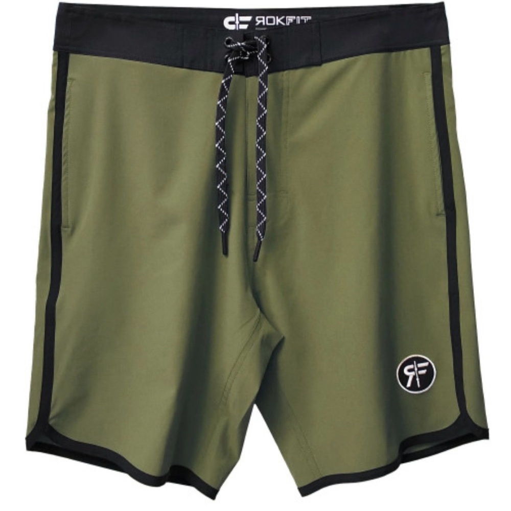 ROKFIT Break Board Shorts Olive Green Size 28 Back Pocket Swim Trunks
